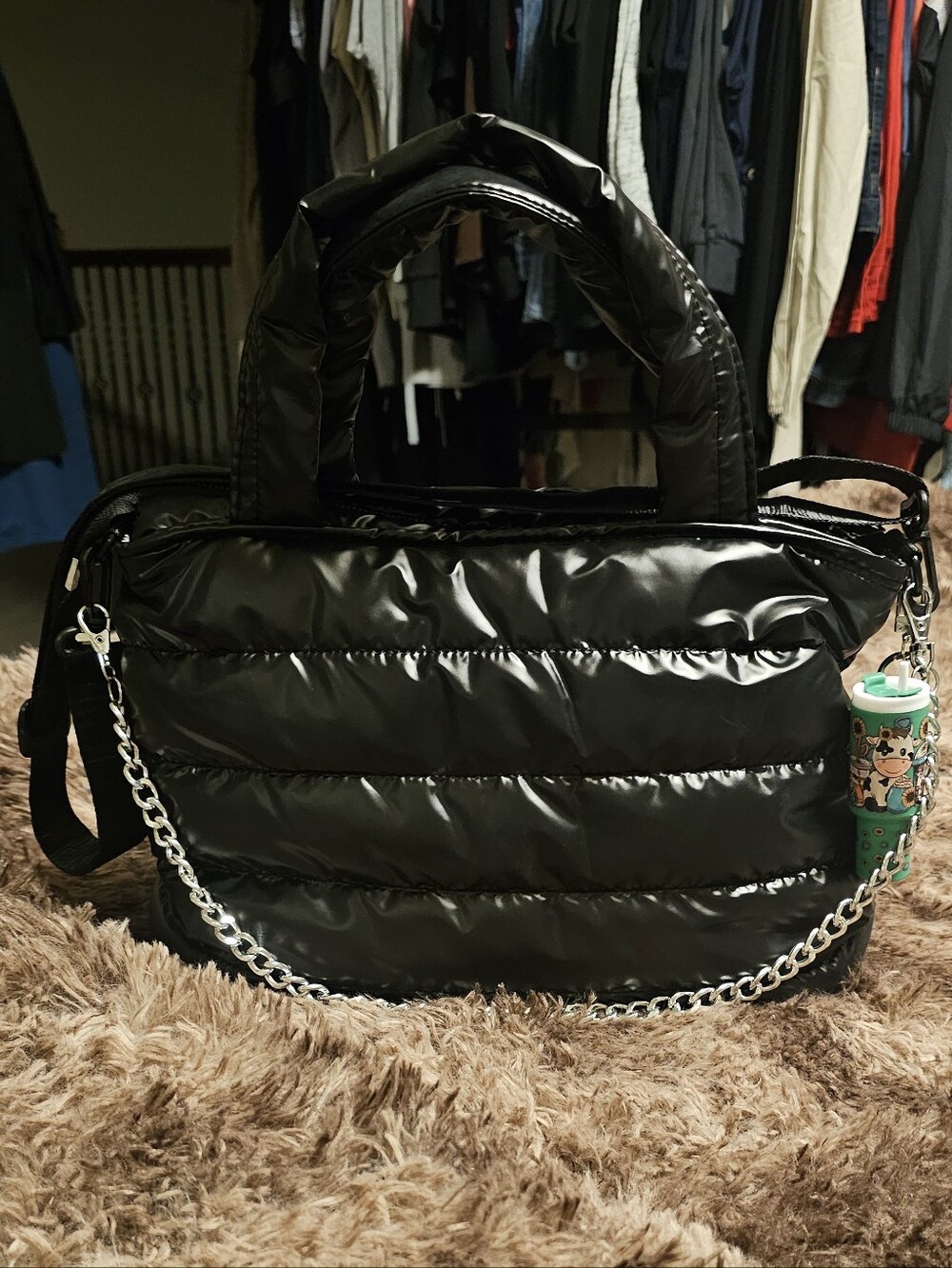 Black Quilted Puffer Tote Bag With Chain & Tumbler Bag Charm
